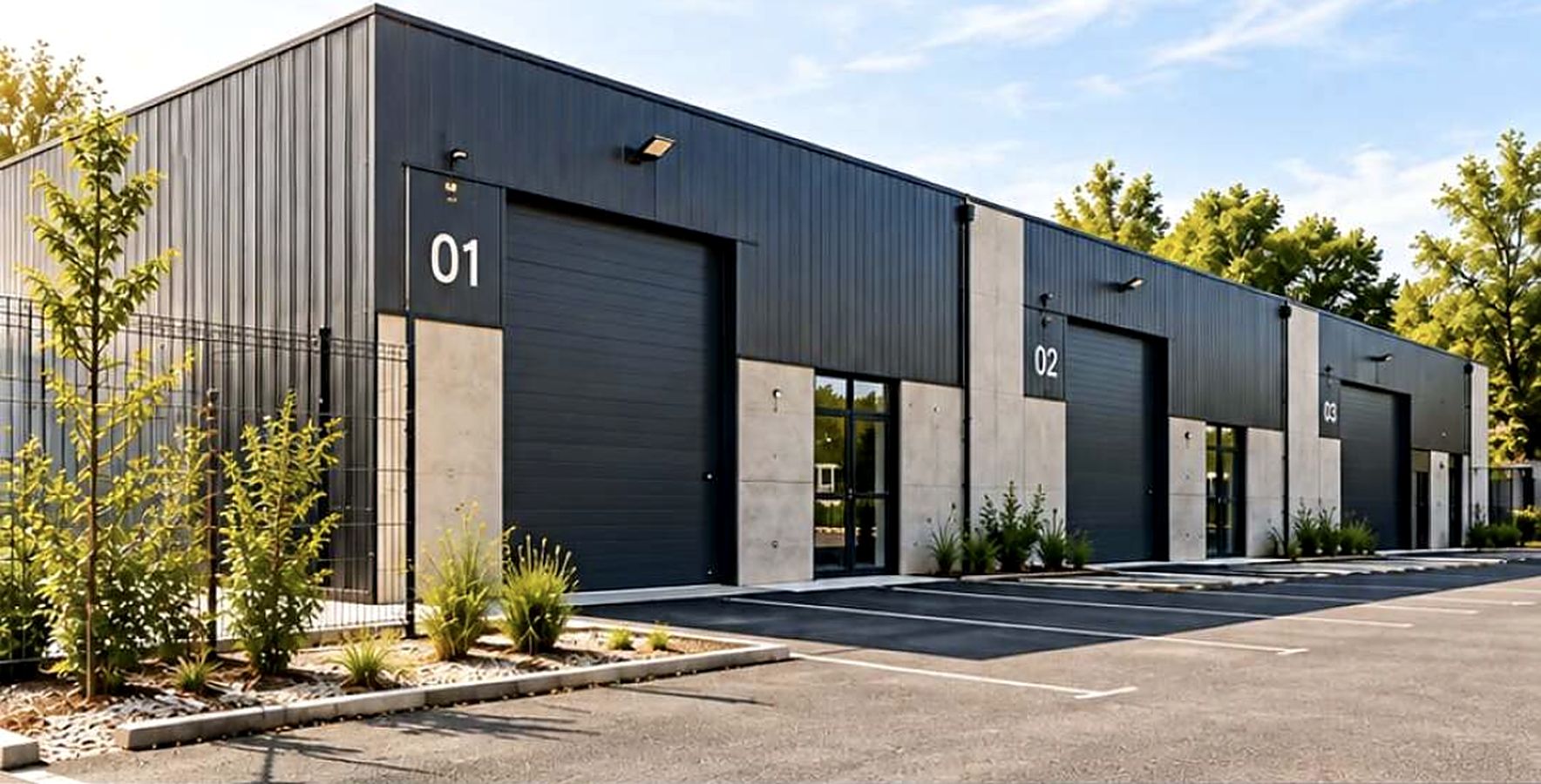 Locaux d'activité neufs numérotés avec portes sectionnelles et parking