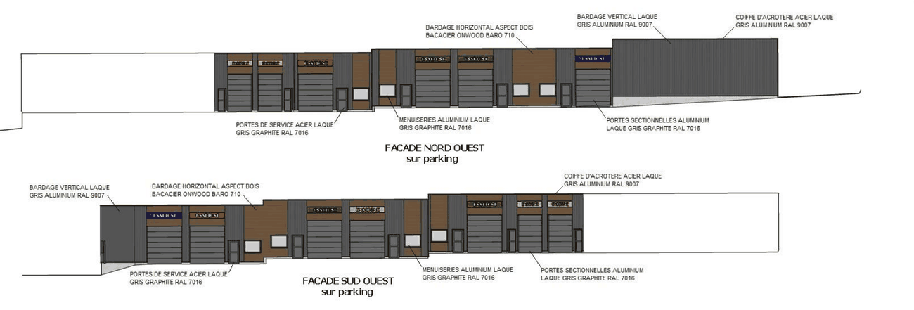 Façades côté parking : portes sectionnelles gris graphite, bardage gris et aspect bois