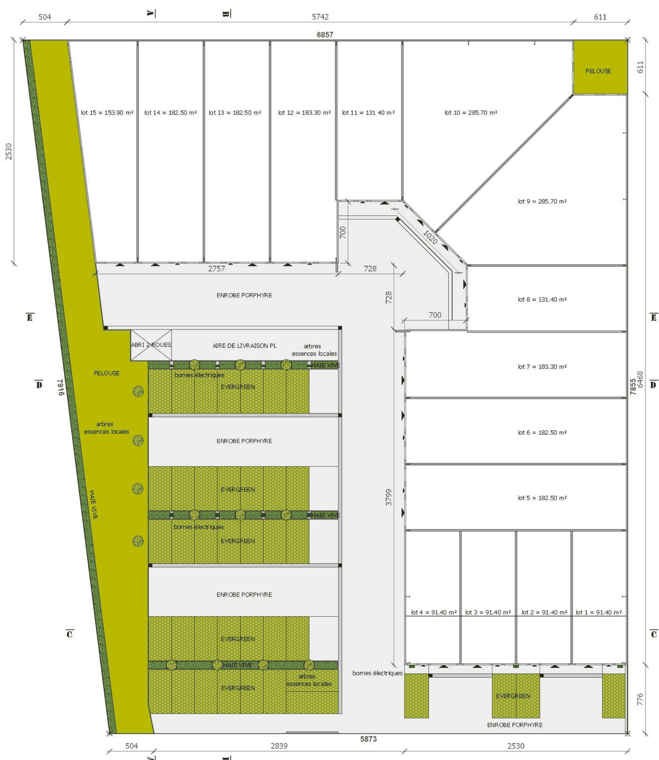 Plan de masse du programme avec les 15 lots et leurs surfaces